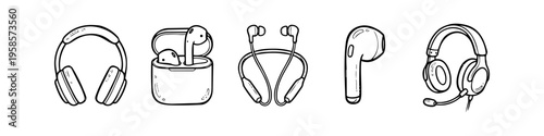 Alternative case and wire collection in outline style. Distinct headphones and earbuds set in outline style. Headphones, Earbuds and Case Monochrome Icon Set. High quality stock illustration.