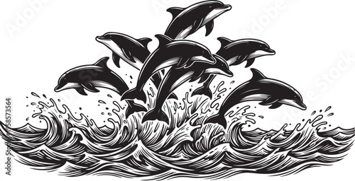 Dolphins jumping out of ocean waves, wildlife, marine life, playful, dynamic