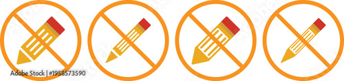 no Pencil icon. Writing tool prohibition symbols. No graphite pencil graphic design. Black and red prohibition signs with pencil and notebook on white background Keywords.Stationery restriction and 