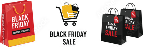 Set of Black Friday Sale Icons, Shopping Bags, Cart, and Discounts for Holiday Shopping and E-commerce Promotions