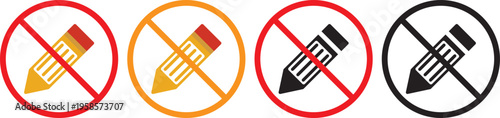 no Pencil icon. Writing tool prohibition symbols. No graphite pencil graphic design. Black and red prohibition signs with pencil and notebook on white background Keywords.Stationery restriction and 