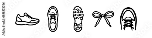 Shoe, Sole and Lace Monochrome Icon Set. High quality stock illustration with clear subject focus, cohesive composition, and versatile commercial applicability across branding, editorial, and digital.