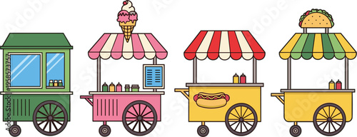 Set of Colorful Food Carts with Ice Cream, Hot Dog, and Taco for Street Food and Mobile Vendor Designs