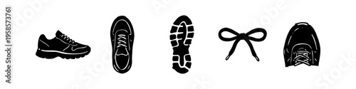 Distinct shoe and sole set in outline style. Shoe, Sole and Lacing Monochrome Icon Set. High quality stock illustration with clear subject focus, cohesive composition, and versatile commercial.