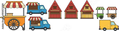 Set of Colorful Food Carts, Trucks, and Stalls with Red and Yellow Umbrellas, Market Stalls, and Outdoor Catering Booths