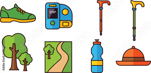 Flat Hiking and Walking Icon Set Featuring Shoe Step Counter Trekking Poles Trees Trail Map Water Bottle and Hat for Outdoor Activity Design