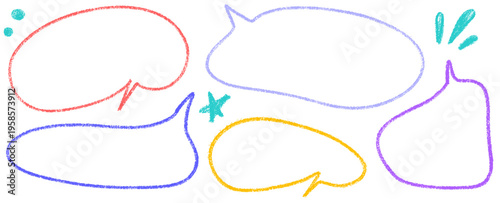 Gentle bubble and speech design in crayon style, bubble and speech feel natural, crayon texture works with pencil, frame, balloon and doodle lines.