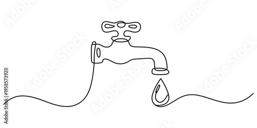 Minimalist Continuous One Line Drawing of a Water Faucet and Drop
