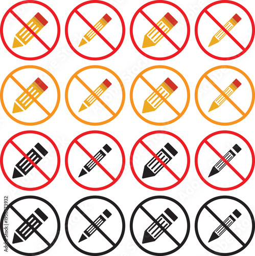 no Pencil icon. Writing tool prohibition symbols. No graphite pencil graphic design. Black and red prohibition signs with pencil and notebook on white background Keywords.Stationery restriction and 