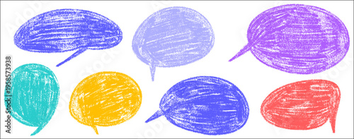 Creative bubble and speech elements in crayon texture, bubble and speech stay soft and hand drawn, crayon strokes combine with pencil, frame, balloon and doodle.