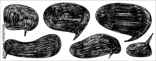 Playful bubble and speech shapes in crayon style, bubble and speech feel soft and hand drawn, crayon texture blends with pencil, frame, balloon and doodle lines.