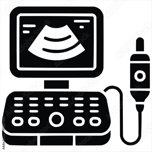 Ultrasound machine silhouette icon, medical diagnostic equipment with screen and probe, vector graphic.