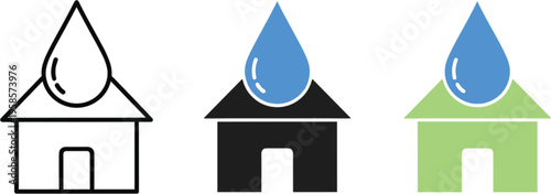 Set of Water Drop Icons on Houses, Black, Green, and Blue Water Conservation Symbols for Home and Environment Design