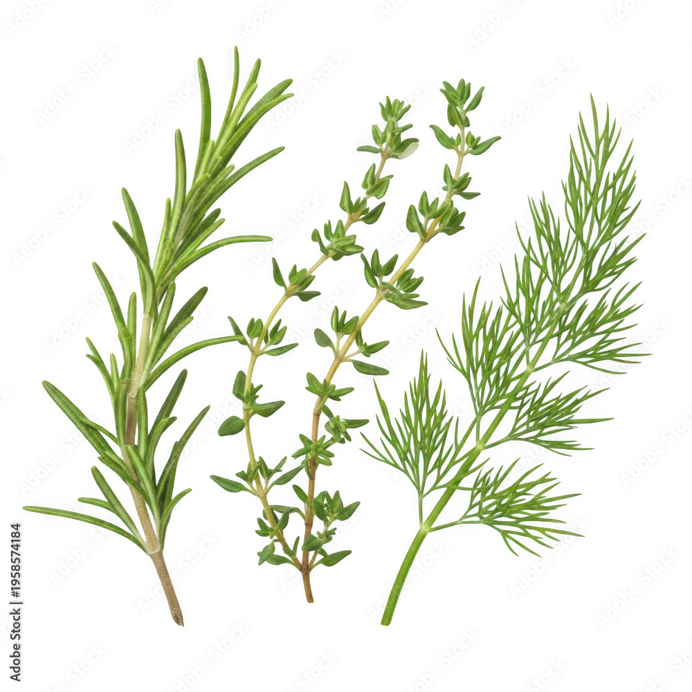 Fototapeta premium Fresh bundle of aromatic herbs including rosemary, thyme, and dill sprigs isolated on transparent background