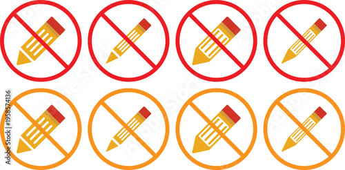 no Pencil icon. Writing tool prohibition symbols. No graphite pencil graphic design. Black and red prohibition signs with pencil and notebook on white background Keywords.Stationery restriction and 