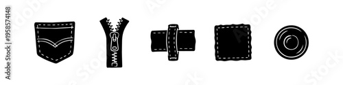 Alternative belt buckle and patch collection in outline style. Distinct pocket and zipper set in outline style. Pocket, Zipper and Belt Buckle Monochrome Icon Set. High quality stock illustration.