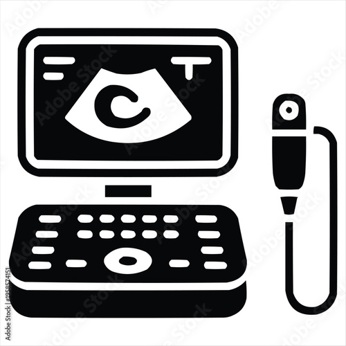 Ultrasound machine vector icon, medical diagnostic device with screen and probe, solid silhouette graphic.