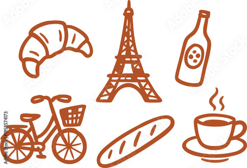 Parisian Breakfast Icons: Croissant, Baguette, Eiffel Tower, Coffee, Bicycle, Wine Bottle