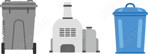 Set of Waste Disposal and Recycling Bins, Garbage Containers, and Industrial Trash Can Illustrations