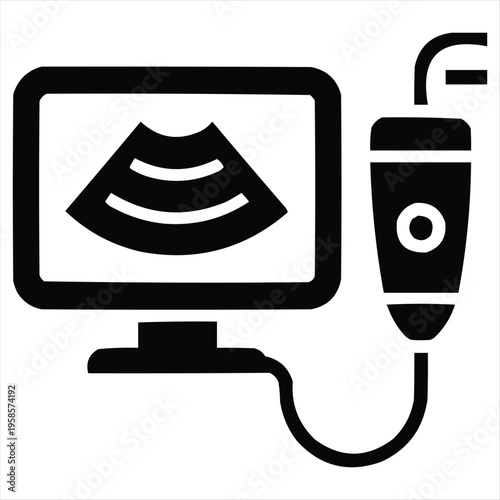 Black vector icon of an ultrasound probe connected to a monitor displaying a scan.