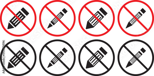 no Pencil icon. Writing tool prohibition symbols. No graphite pencil graphic design. Black and red prohibition signs with pencil and notebook on white background Keywords.Stationery restriction and 