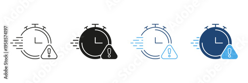 Stopwatch With Exclamation Mark Solid Icon Set. Urgent Deadline, Time Management, And Alert Notification Silhouette Symbol Collection. Efficiency And Punctuality. Isolated Vector Illustration