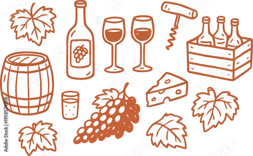 Hand-drawn wine elements collection: bottle, glasses, barrel, grapes, cheese, corkscrew, and leaves