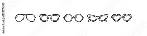 Distinct sunglasses and aviator set in outline style. Five Types Of Sunglasses. High quality stock illustration with clear subject focus, cohesive composition, and versatile commercial applicability.