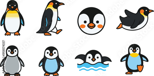 Flat Penguin Character Pose Set Featuring Standing Walking Swimming Sliding and Cute Expressions with Cartoon Animal Illustrations for Wildlife Design