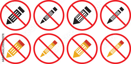 no Pencil icon. Writing tool prohibition symbols. No graphite pencil graphic design. Black and red prohibition signs with pencil and notebook on white background Keywords.Stationery restriction and 