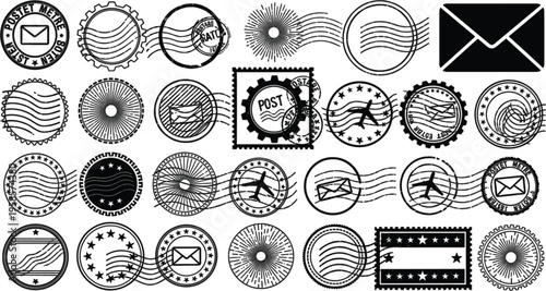 Set of Postmark Stamps, Mail Icons, and Circular Stamps for Postal and Communication Designs