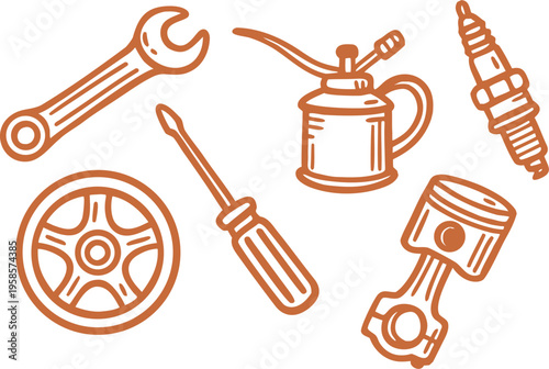 Set of orange automotive repair tools and car parts isolated on white background