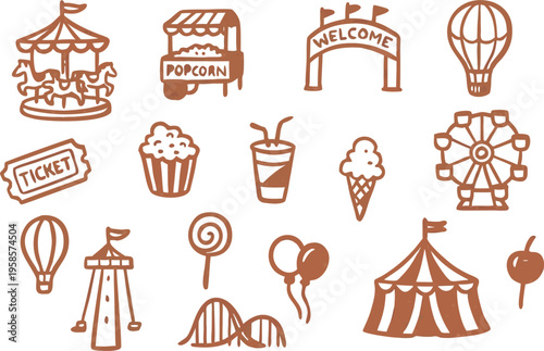 flat lay collection of vintage carnival and fairground icons with warm nostalgic lighting