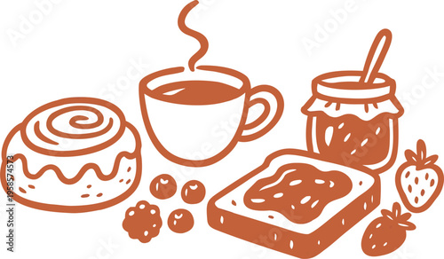 Cozy breakfast set with cinnamon roll, coffee, jam, toast, and fresh strawberries on light background