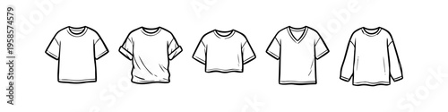 Alternative long sleeve and shirts collection in outline style. Distinct t-shirt and v-neck set in outline style. T-shirt, V-neck and Long Sleeve Monochrome Icon Set. High quality stock illustration.