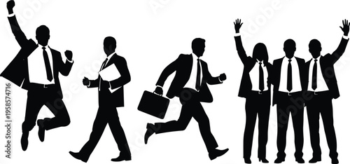 Business people silhouettes running walking and celebrating success, corporate professionals teamwork, office workers, leadership, motivation, achievement, career concept illustration