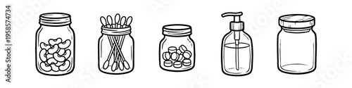 Distinct jar and beans set in outline style. Jar, Beans and Cotton Swabs Monochrome Icon Set. High quality stock illustration with clear subject focus, cohesive composition, and versatile commercial.