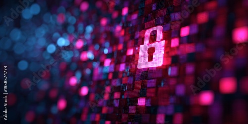 Illuminated padlock icon glows brightly over a dynamic digital matrix of abstract squares and bokeh lights