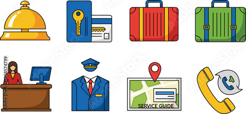 Hotel and Travel Service Icon Set with Reception Key Card Suitcase Map Phone and Staff Isolated on White Background for Tourism and Hospitality Design