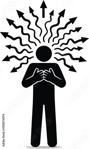 A distressed person pictogram with wavy arrows bursting from their head representing overwhelming thoughts