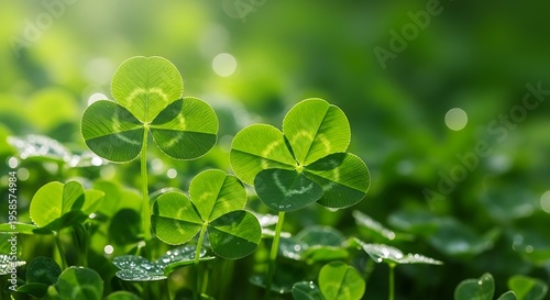 Green clover leaves with water drops in garden