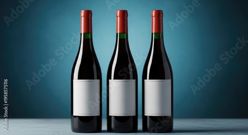 Three wine bottles with blank labels on a blue background