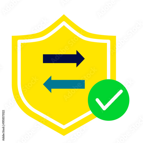 Yellow Security Shield with Transfer Arrows and a Green Checkmark Representing Encrypted Peer-to-Peer Transactions and Secure Data Synchronization