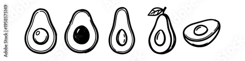Alternative leaf and fruit collection in outline style. Distinct avocado and seed set in outline style. Avocado, Seed and Leaf Monochrome Icon Set. High quality stock illustration with clear subject.