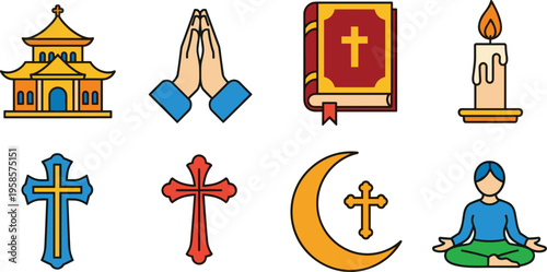 Religious Icon Set with Church Crosses Praying Hands Candle Crescent Moon and Spiritual Symbols Isolated on White Background for Faith and Worship Design