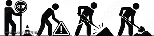A four part visual representation of workers performing various road construction tasks and safety procedures