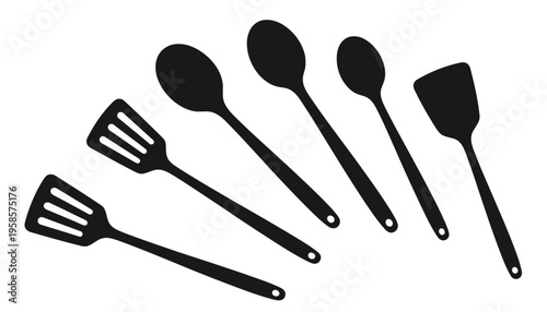 A collection of black kitchen utensils is arranged on a white background.