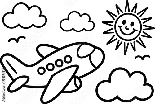 A friendly airplane journeys cheerfully through a bright sky filled with smiling sun and light clouds