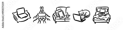Distinct laptop and armchair set in outline style. Laptop, Armchair and Pillow Monochrome Icon Set. High quality stock illustration with clear subject focus, cohesive composition, and versatile.