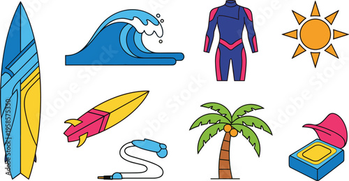 Surfing and Beach Vacation Icon Set Featuring Surfboards Ocean Waves Wetsuit Palm Tree and Summer Sun Symbols for Water Sports and Tropical Travel Designs